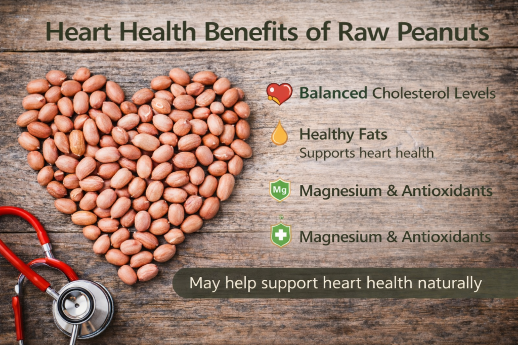 Heart health benefits of raw peanuts showing peanuts arranged in heart shape supporting healthy cholesterol and cardiovascular health